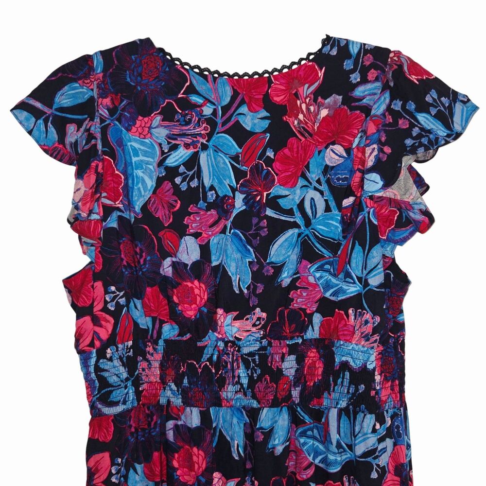 Adrianna Papell Boho Floral‎ Multi Midi Dress Sz14 Smocked Waist Flutter Sleeve - Picture 10 of 14